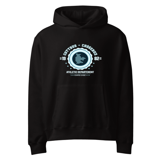 Personalisierbarer Cottbus - Chóśebuz Hoodie – Varsity Hero Design – Schwarz für Cottbus - Chóśebuz