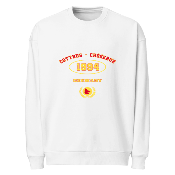 Cottbus - Chóśebuz Sweatshirt mit University 1994-Design (Weiß) – Produktansicht