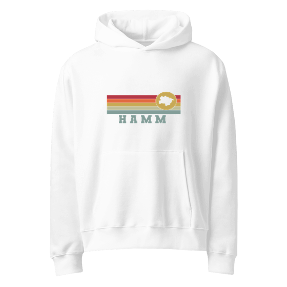 Hamm Hoodie mit Varsity Rainbow-Design (Weiß) – Produktansicht