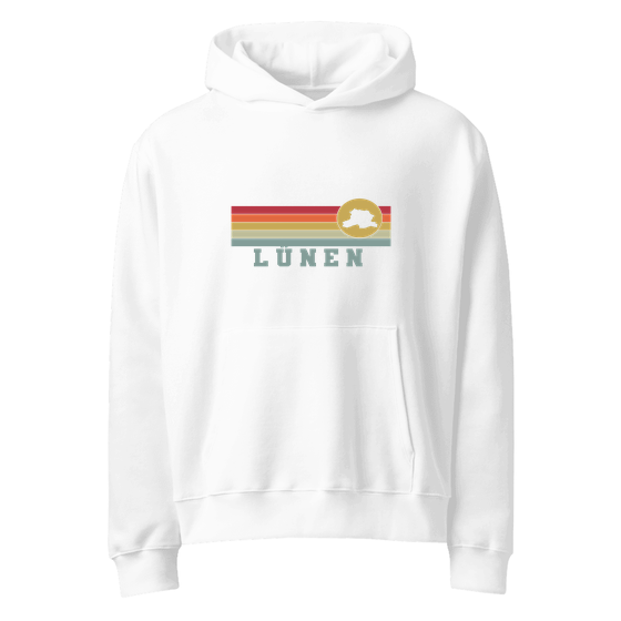 Lünen Hoodie mit Varsity Rainbow-Design (Weiß) – Produktansicht