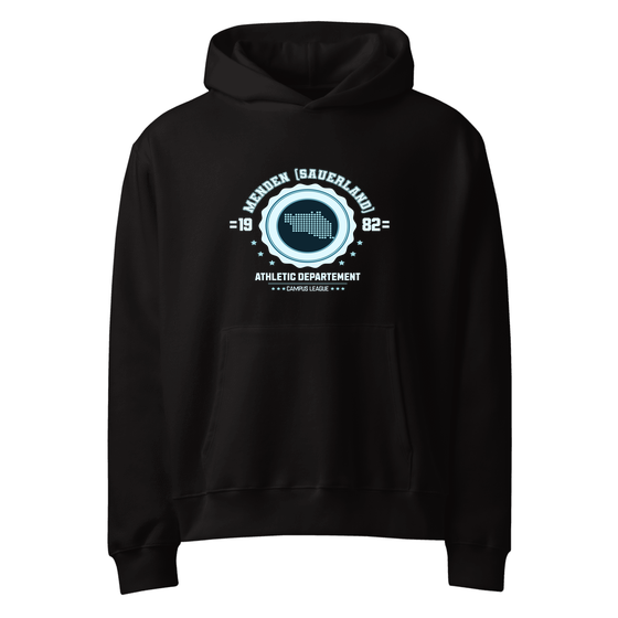 Menden (Sauerland) Hoodie mit Varsity Hero-Design (Schwarz) – Produktansicht